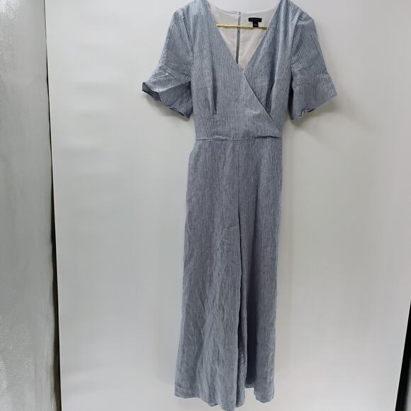 Ann Taylor Tie Waist Wide Leg Pin stripped Linen Blend Jumpsuit with Pockets - Picture 2 of 12